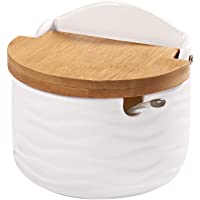77L Azucarero- Cuenco de Cerámica Blanca y Tapa de Bambú- Perfecto Para la Cocina- Incluye Cuchara- Diseño Moderno- 254…